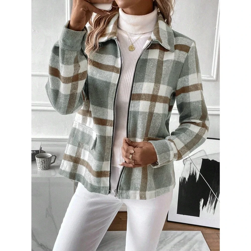 gray tan Plaid Print Zip Up stand collar preppy - Picture 5 of 5